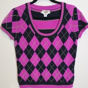 Talbots 100% Cashmere Argyle Sweater Women’s Medium Pink Black Short Sleeve